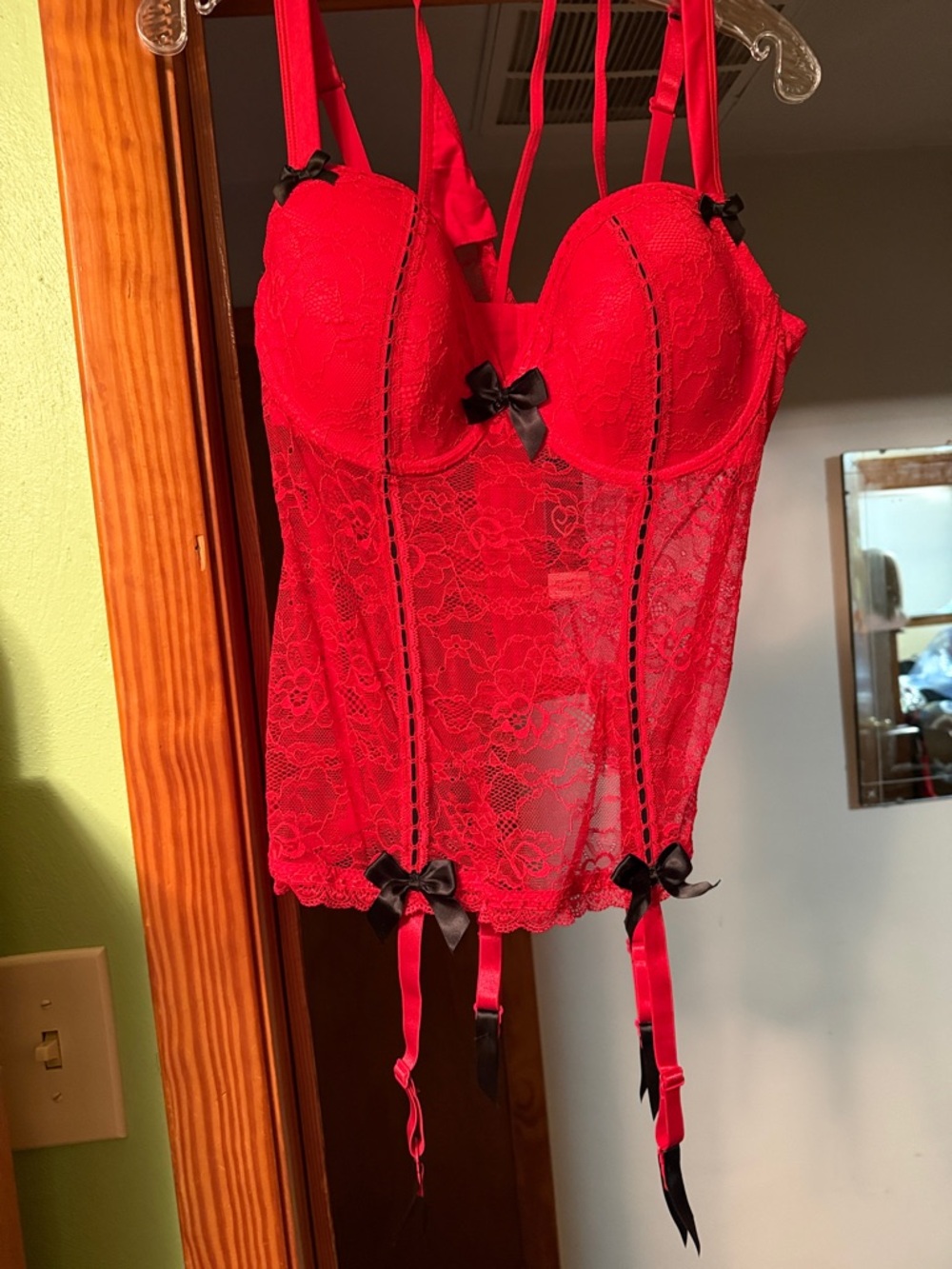 Red Lace Bustier with Black Bow Accents and Matching G-String Panties